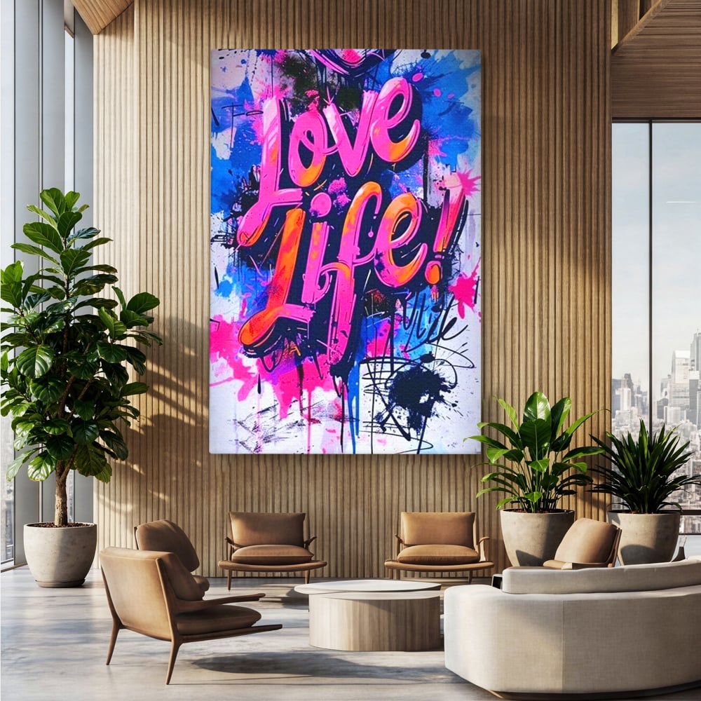 Tablou canvas cu tablou canvas cu graffiti urban iubeste viata, fara rama, pe sasiu de lemn, pe perete intr-un birou